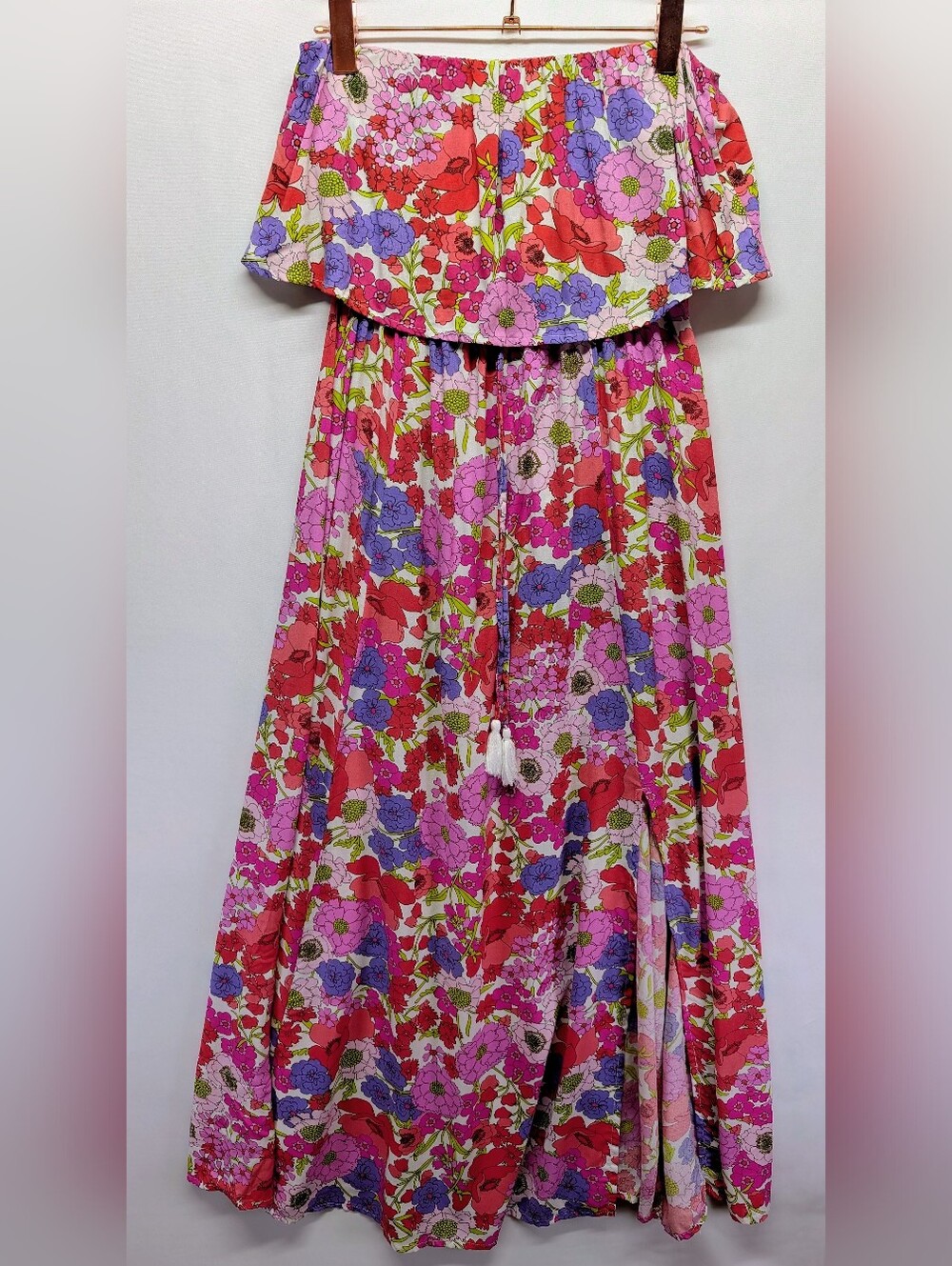 Japna Pink Purple Floral Rayon Maxi Strapless Dress
